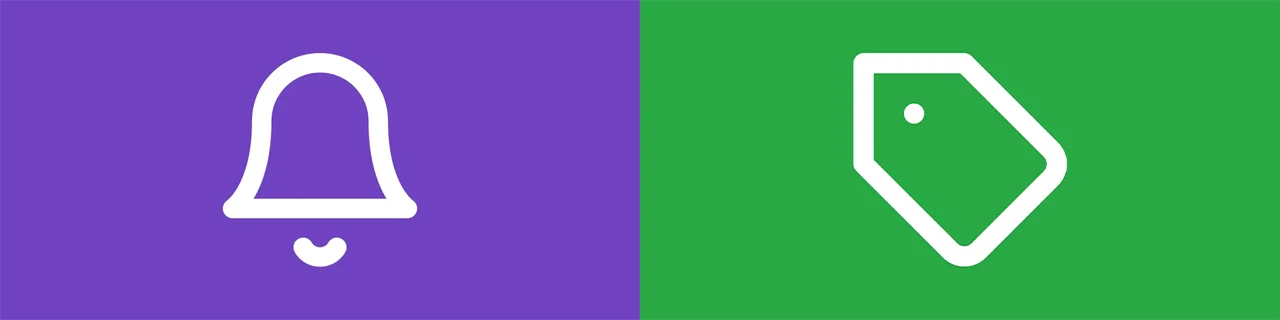 Logos for two github actions, one a tag on a green background, the other a bell on a purple background