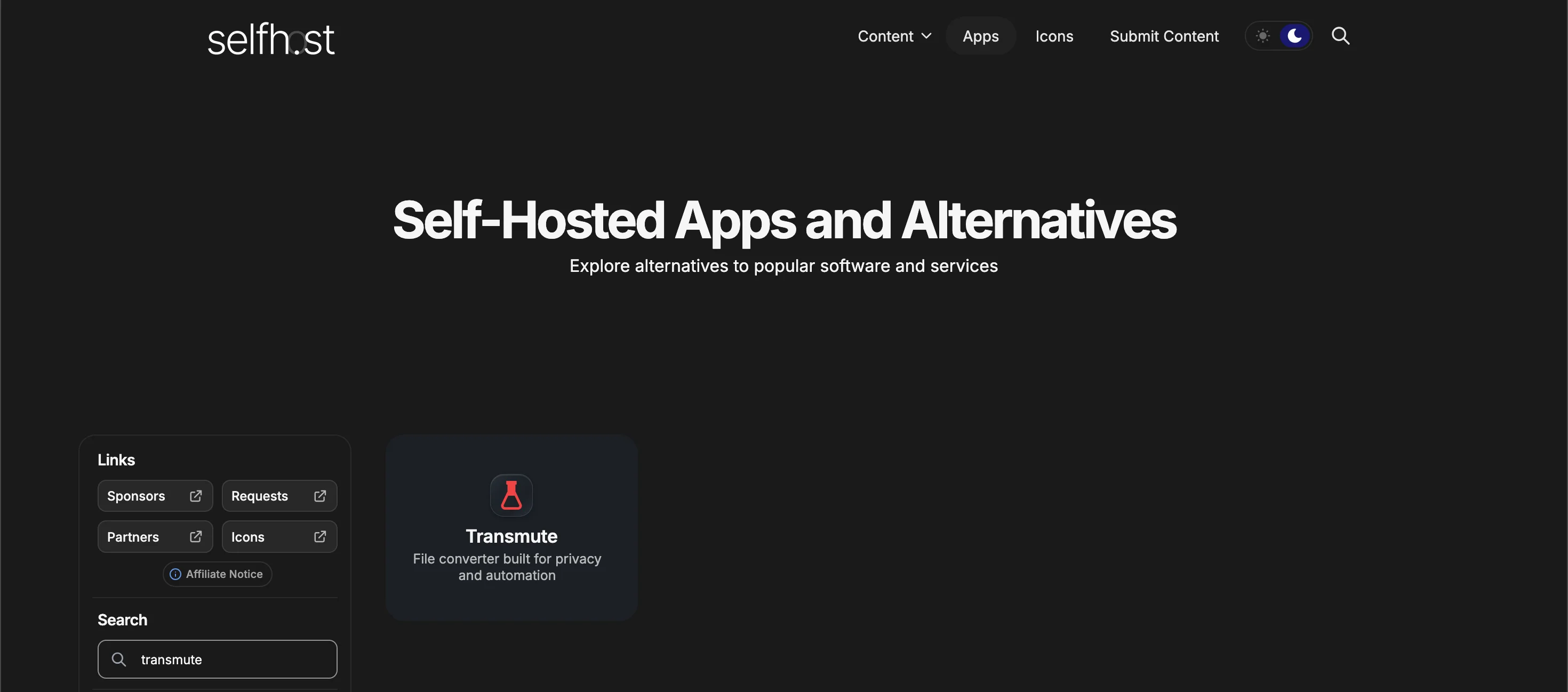 Screenshot of my app Transmute on the selfh.st apps directory